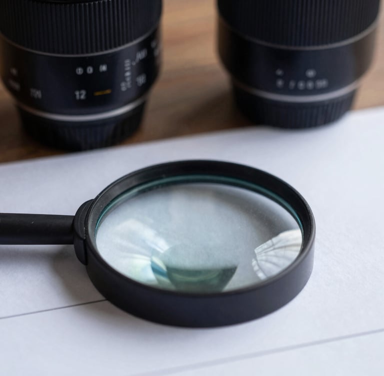 Macro shot of a document analysis under a magnifying lens, focused desk lighting, deep navy tones, professional forensic tools visible, 50mm lens, sober editorial photography