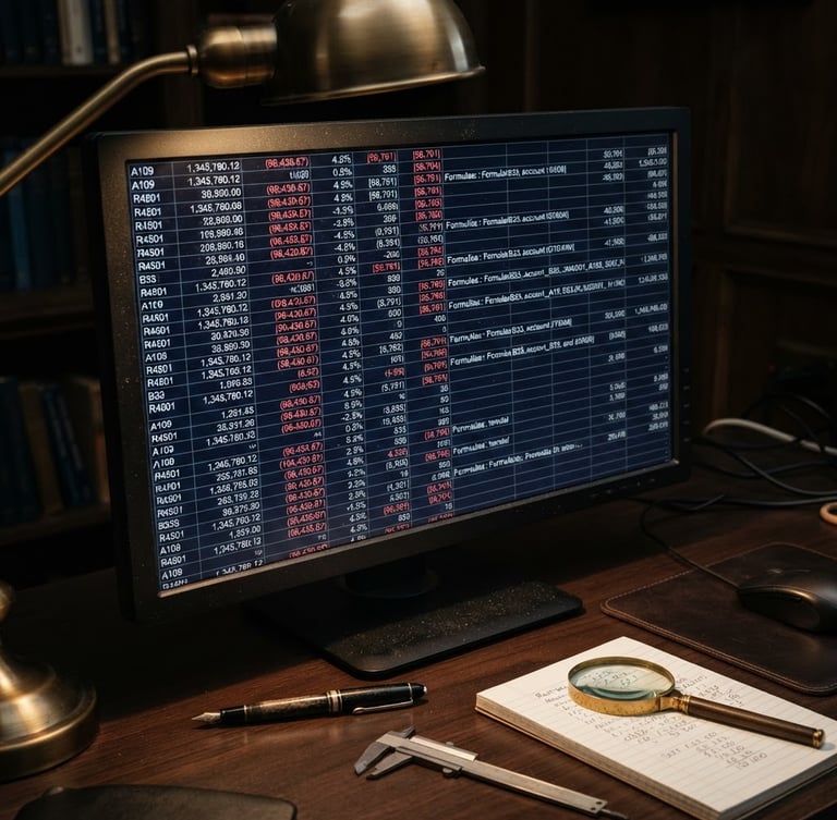 Macro shot of a detailed financial spreadsheet on a high-end monitor, focused desk lighting from a brass lamp, deep navy tones, professional forensic analysis tools nearby, 50mm lens, sober editorial photography