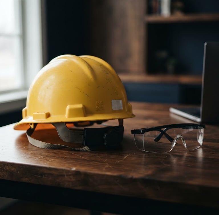 Sober macro photograph of industrial safety equipment, a clean yellow hard hat and protective glasses resting on a dark wooden desk, soft focused office light, 50mm lens