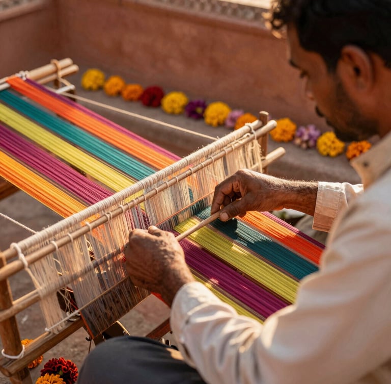 A close-up environmental shot of a traveler observing a master weaver working on a traditional handloom in Rajasthan, warm golden-hour light illuminating the colorful threads.