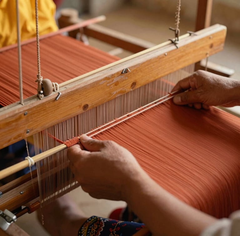 Close-up of hands weaving terracotta-colored silk on a wooden loom, warm golden-hour light, documentary style, 35mm lens