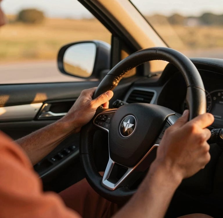 Close-up of a professional driver's hands on a clean steering wheel, warm golden hour light streaming through the window, documentary style, 35mm lens