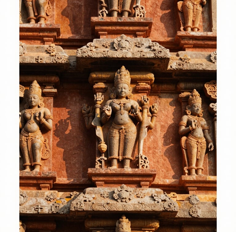 Close-up of intricate hand-carved stone figures on a Dravidian temple gopuram, warm golden-hour light casting soft shadows on terracotta-toned granite, documentary 35mm photography