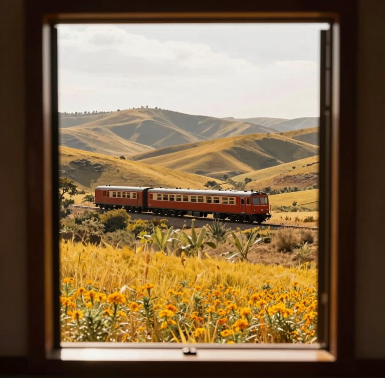 A scenic vista of rolling hills seen through the open wooden window of a slow-moving heritage train, warm natural sunlight