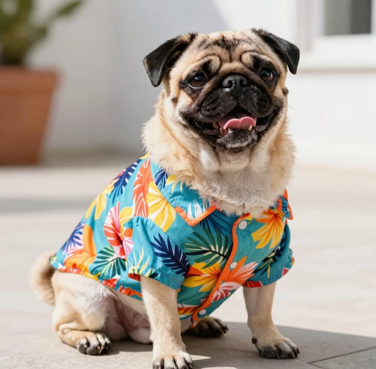 Bright daylight portrait of a happy pug wearing a custom-fit colorful tropical shirt, sitting on a sunny patio, sharp focus, vibrant tones