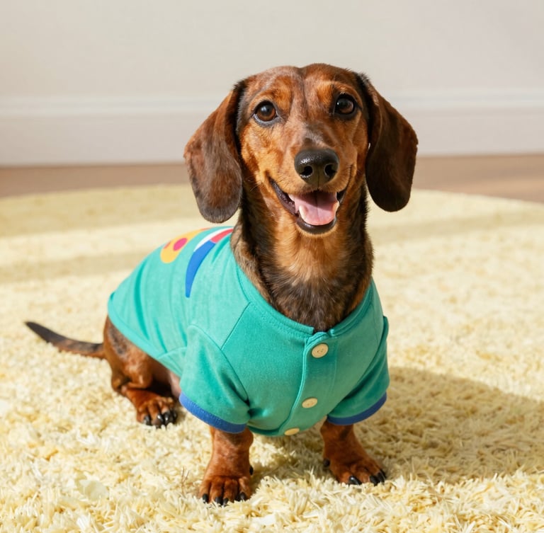 A happy dachshund wearing a colorful custom-made teal shirt sitting comfortably on a soft light yellow rug, bright natural daylight, high-quality pet portrait