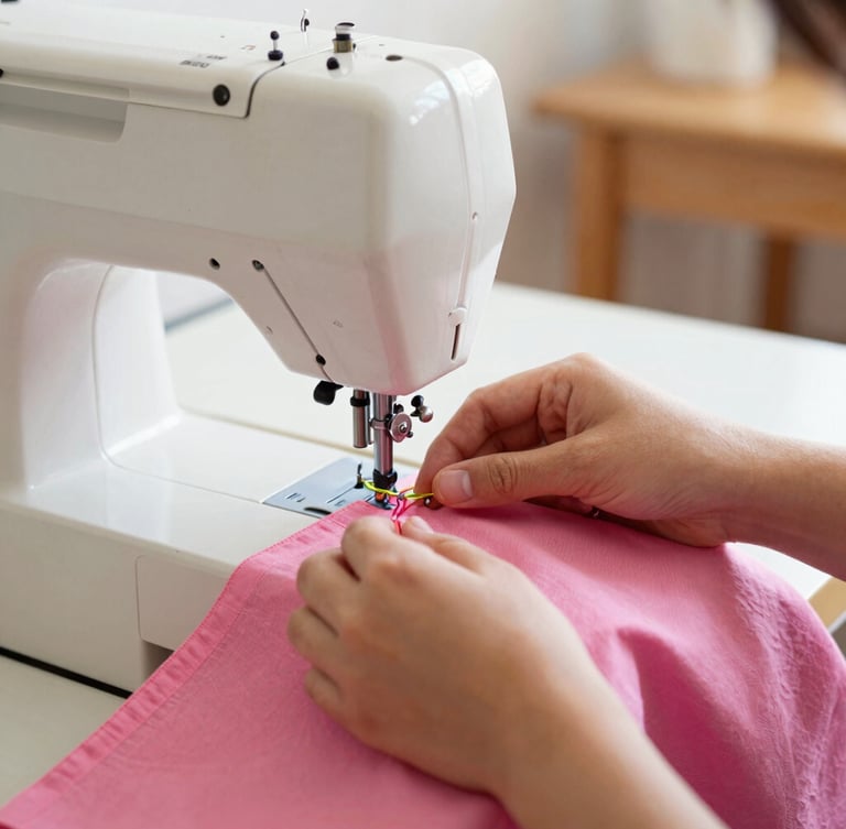 Close-up of hands carefully stitching a colorful pink fabric on a classic sewing machine inside a warm, sunlit family workshop in Celaya
