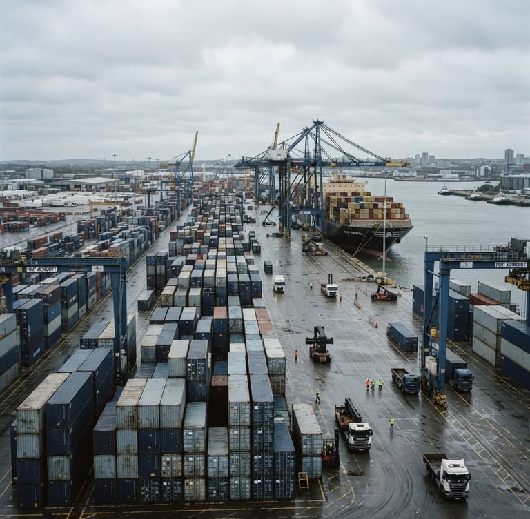 Wide environmental landscape of an industrial shipping port under cool overcast daylight, stacked steel cargo containers in desaturated navy and gray tones, sharp focus, 35mm documentary photography style.