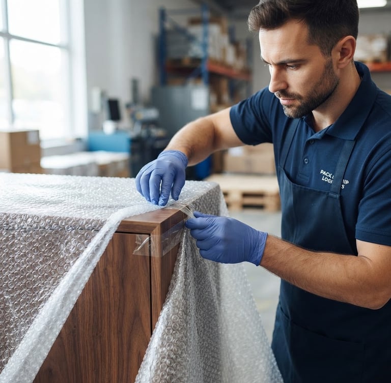 Close-up of professional logistics operator in clean uniform carefully wrapping a designer wooden cabinet corner with thick protective bubble wrap, bright daylight, crisp focus