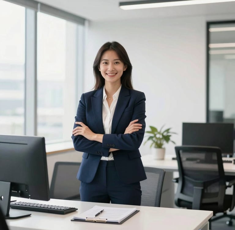 Bright modern office interior, a professional female Chartered Accountant in a navy blazer smiling confidently, natural daylight, clean corporate desk.