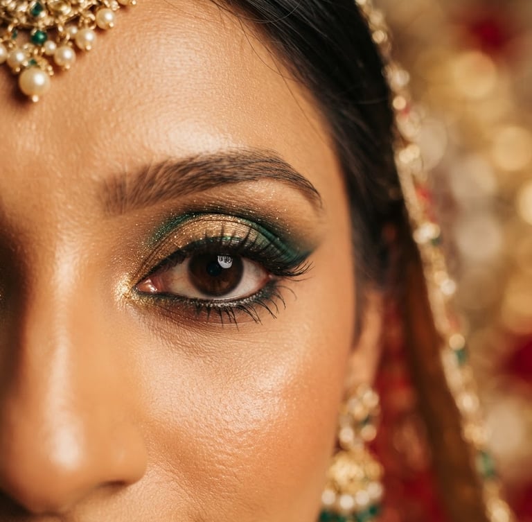 Close-up of an Indian bride's eye, intricate gold and emerald green eyeshadow, fine eyeliner, and perfectly shaped brows, soft golden studio light, shallow depth of field, 85mm portrait lens, warm editorial photography, rich saturated jewel tones