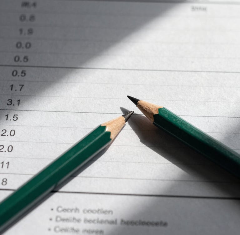 Stark macro crop of a printed financial audit report with deep green pencil annotations, sharp directional light, dramatic shadows, 35mm editorial style