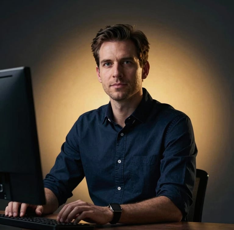 Low-key dramatic portrait of a male computer science instructor in a dark modern studio, warm gold backlighting, sharp focus, professional and intellectual expression, 85mm lens