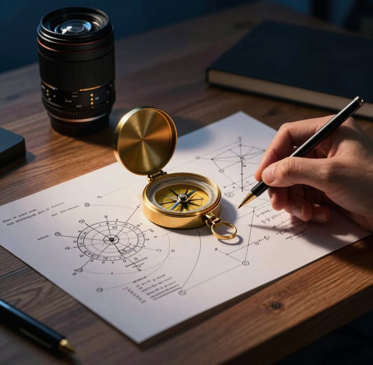 Low-key editorial photography of a wooden desk with a hand drawing astronomical chart calculations, gold compass, warm dramatic lighting, sharp focus, 85mm lens