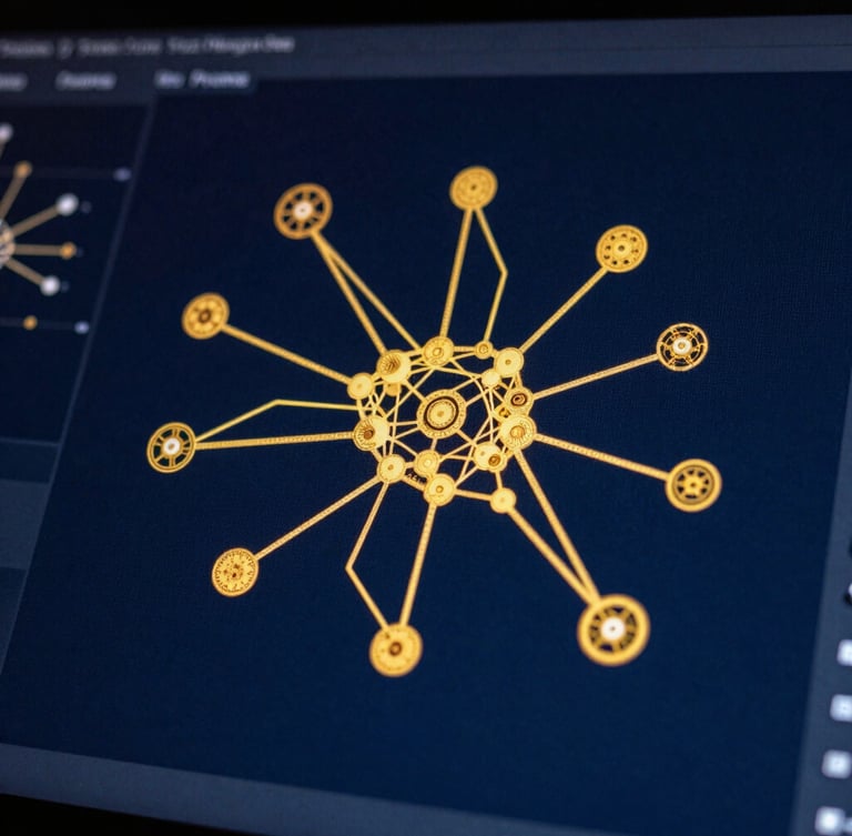 Macro shot of a high-resolution screen displaying neural network nodes and gold data structures, dark blue background, sharp focus, low-key lighting