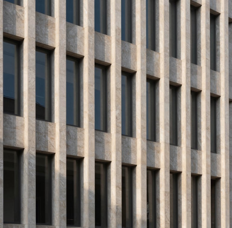 Symmetrical architectural crop of a modern limestone corporate building facade, quiet morning shadows, clean vertical lines, soft diffused daylight.