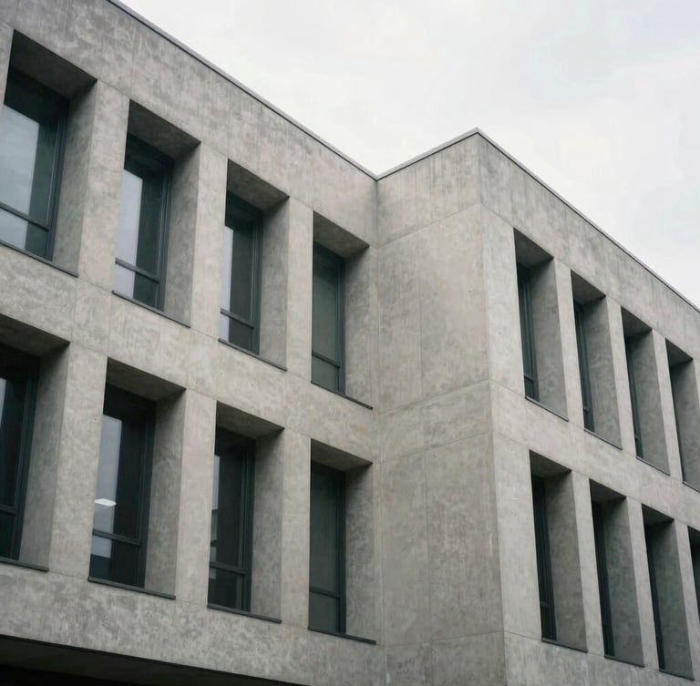 Symmetrical wide-angle shot of a modern minimalist corporate building facade, clean concrete lines, sharp geometric shadows, diffused overcast daylight.