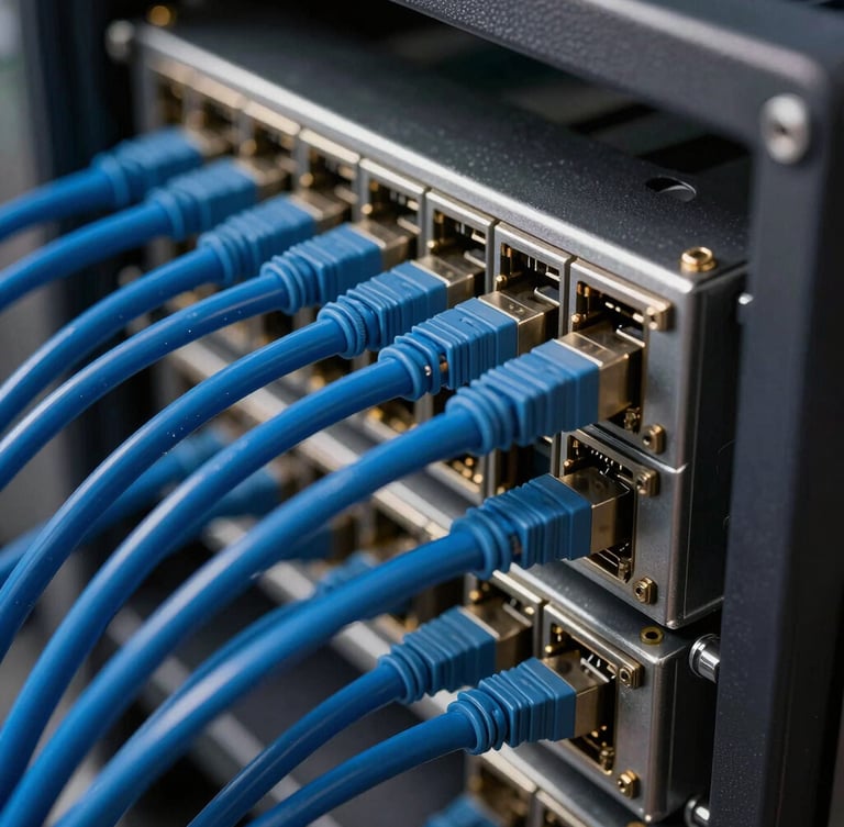 High-contrast macro photograph of physical server connections, deep blue fiber optic cables clicking into a dark metal rack, dramatic directional side-lighting, sharp technical details, shallow depth of field.