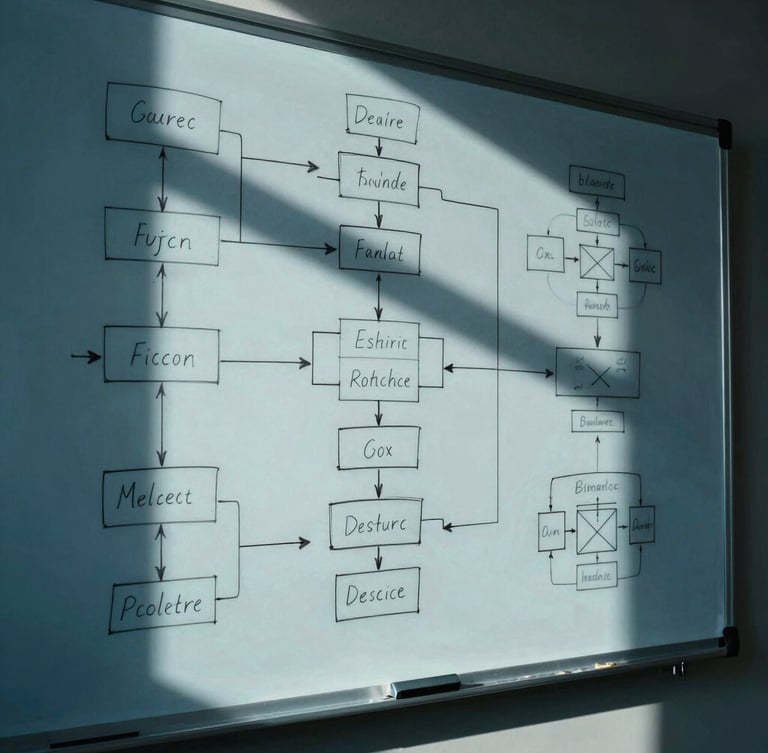 Dramatic high-contrast overhead shot of a physical glass whiteboard covered in complex, hand-drawn system architecture schematics, sharp directional blue light casting deep shadows.