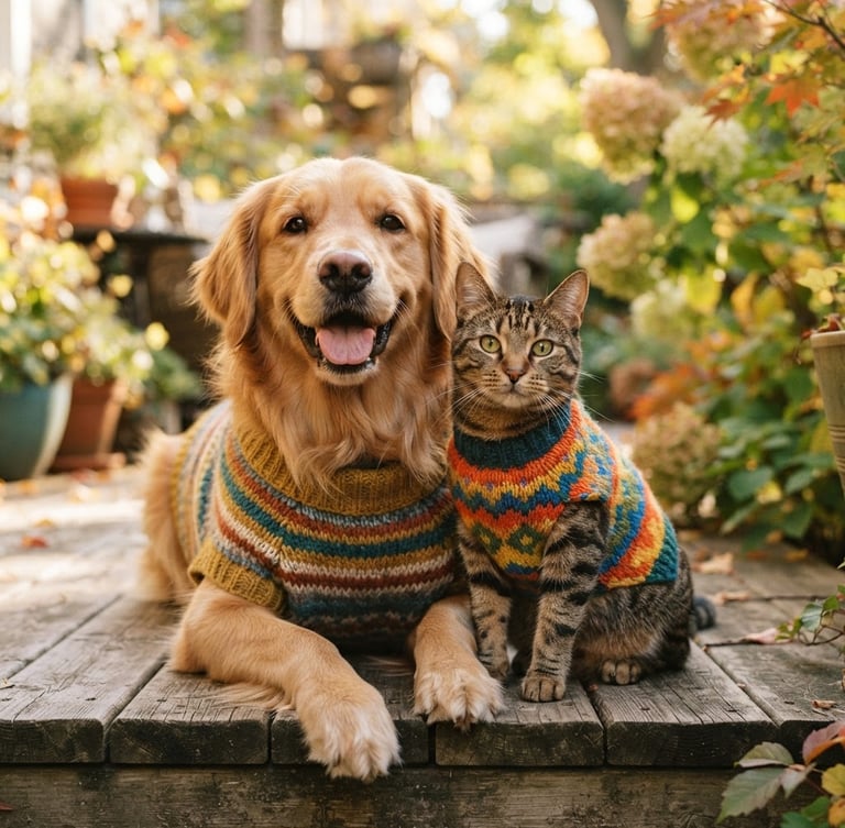 Cheerful lifestyle pet photography, warm natural daylight. A happy golden retriever and a playful tabby cat side by side, wearing colorful handcrafted woven sweaters, eye-level framing, shallow depth of field.