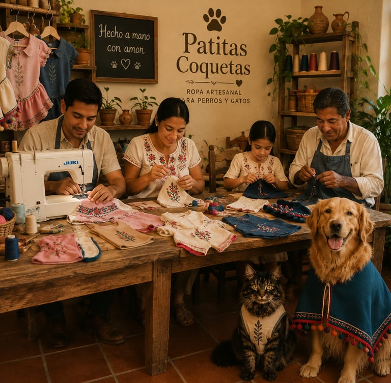 Una familia confeccionando ropa artesanal a mano para un golden retriever y un gato en un taller de costura rústico.