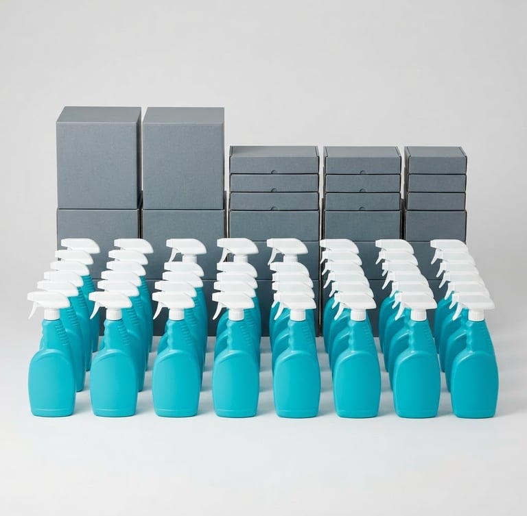 Bright high-key studio photography of neatly organized turquoise cleaning bottles and slate gray packaging boxes on a clean light gray backdrop, crisp studio light, sharp focus, professional commercial style