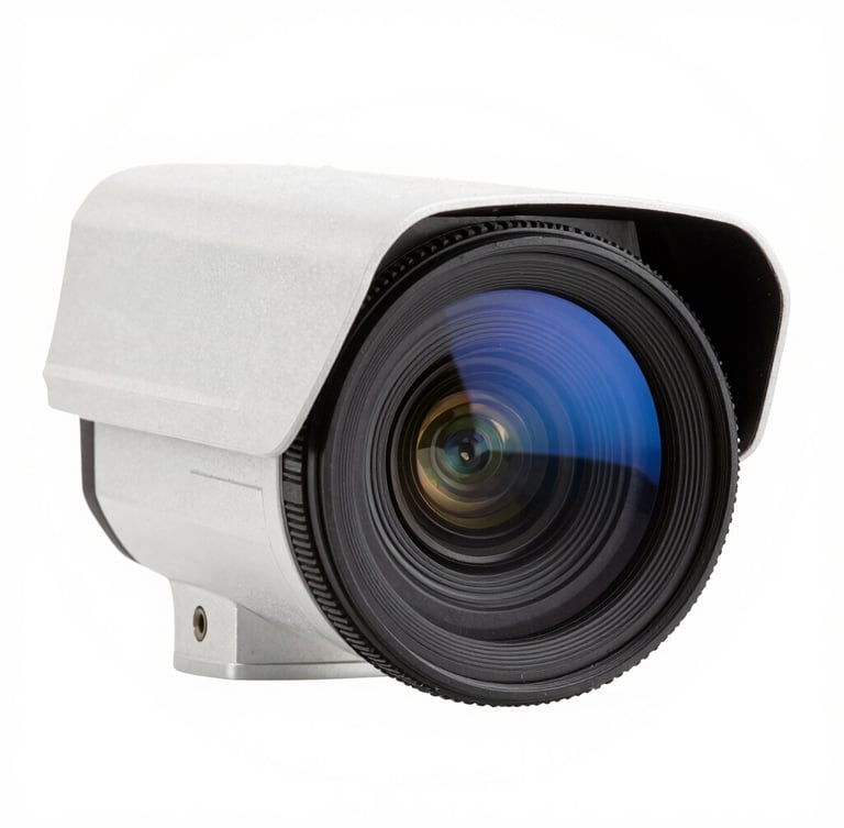 Macro photography of a high-end security camera lens, clinical blue reflection on glass, razor-sharp architectural mounting, clean white background