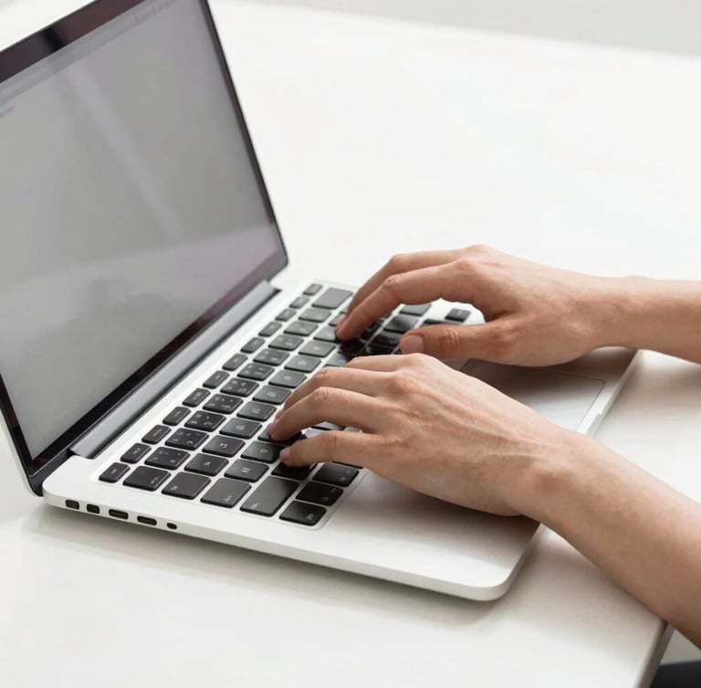 Close-up of hands typing on a sleek silver laptop, crisp shadows, bright high-key studio lighting, organized minimal workspace.