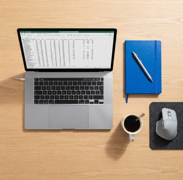 Overhead flat-lay of a modern minimalist desk, a sleek laptop showing a clean spreadsheet layout, sharp studio light, electric blue notebook beside it.