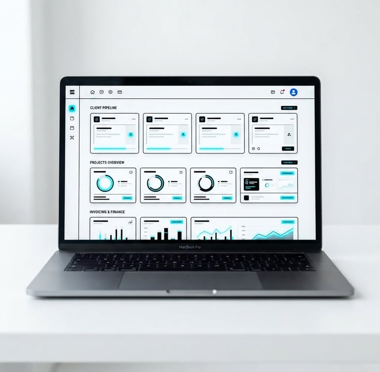 Straight-on crisp UI mockup of a clean freelance client tracker template on a sleek laptop screen, high-key bright studio light, sharp black borders, neon blue accents