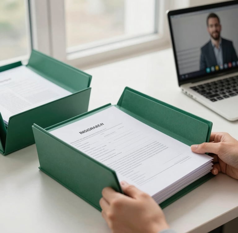 Close-up of hands organizing clean folders with immigration documents on a modern desk, a laptop screen showing a video call, bright natural window light, soft emerald and neutral tones, shallow depth of field.