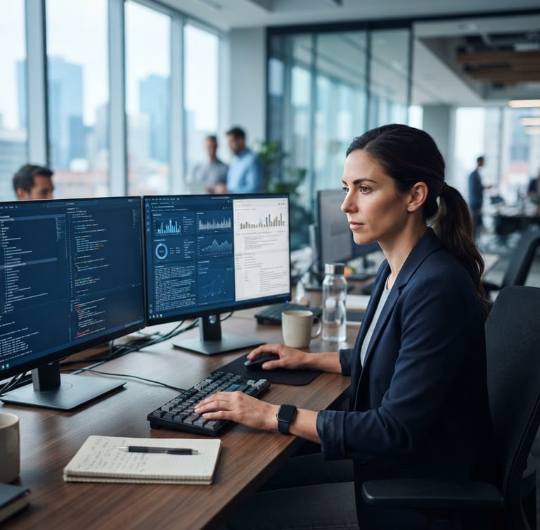 Crisp corporate photography, cool daylight, a technical professional in a modern workspace focusing on screens, shallow depth of field, professional editorial style.