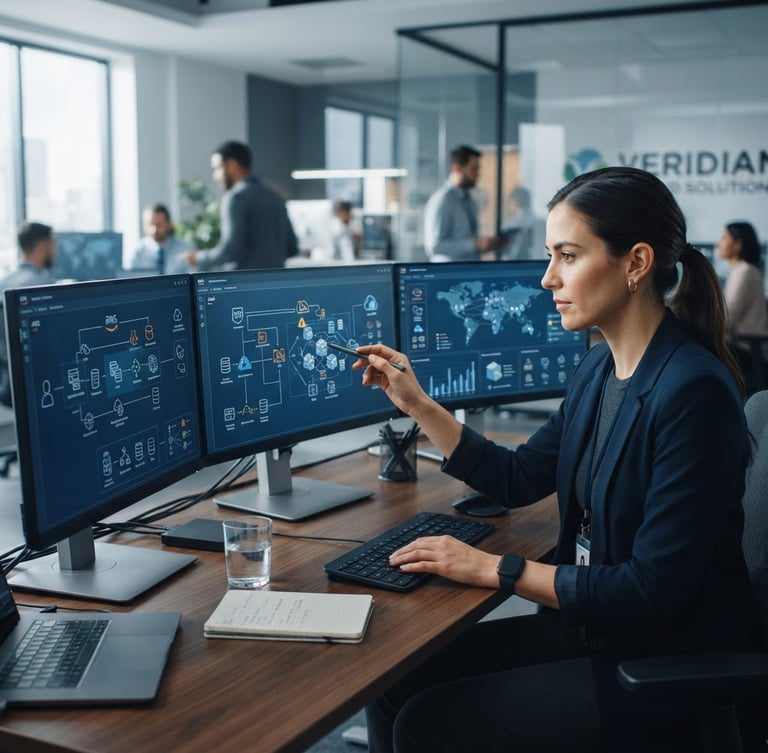 Crisp corporate photography, cool daylight, deep blue and neutral tones, shallow depth of field, professional editorial style. A technical professional analyzing complex cloud architecture data on high-end screens in a modern collaborative workspace.