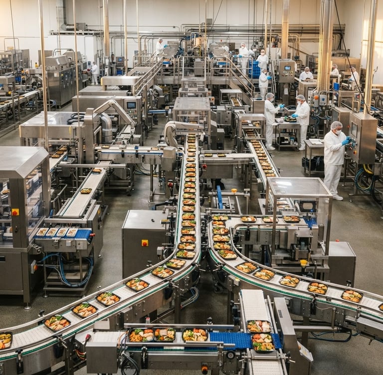 Wide shot of a gleaming, state-of-the-art automated food production line, stainless steel machinery, high-key lighting, technicians in full protective gear visible in the background, sharp focus, 35mm lens.