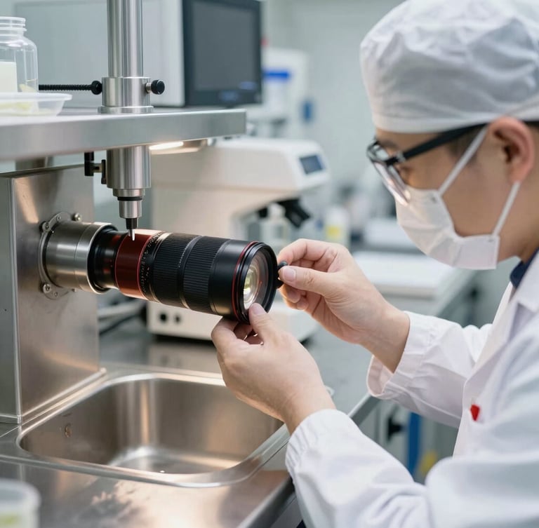 High-key, pristine lighting, close-up of a food technician in full protective gear performing a quality control test in a modern, gleaming laboratory, stainless steel equipment, sharp focus, 35mm lens.