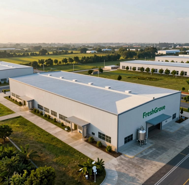 Wide-angle drone shot of FreshGrove's modern food processing plant exterior at golden hour, showing clean architecture and surrounding green landscape. Clean, bright, high-key lighting, sharp focus, cinematic feel.