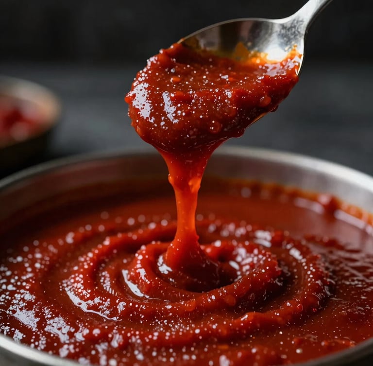 Dramatic close-up of thick, textured red sauce dripping slowly from a dark iron spoon, moody kitchen lighting, shallow depth of field