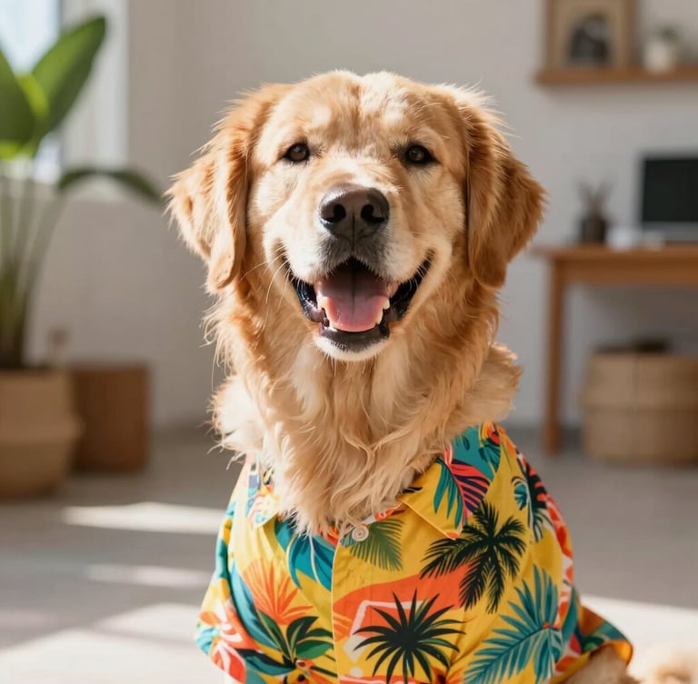 Dynamic eye-level portrait of a happy Golden Retriever wearing a vibrant custom-fit tropical shirt, bright natural daylight, Celaya workshop background