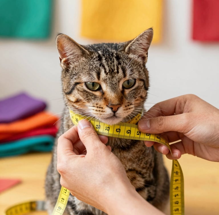 Close-up of hands gently measuring a calm tabby cat with a soft yellow measuring tape in a warm, sunlit workshop in Celaya, showing colorful fabric details