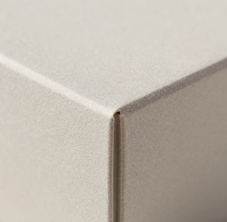 Macro close-up of a premium rigid box corner showing precise foil stamping and matte texture, soft diffused lighting, neutral background