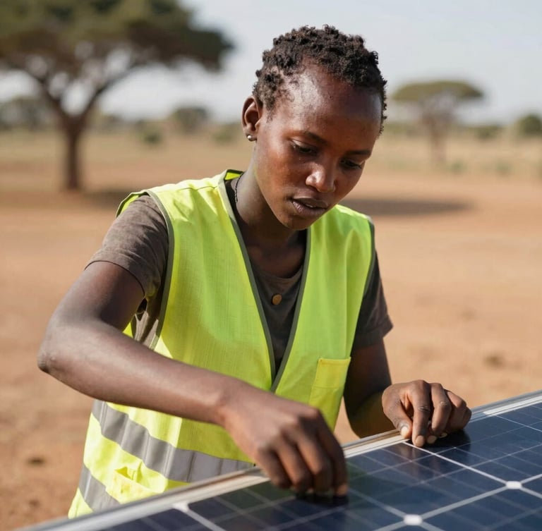 Close-up of a young Kenyan woman in a safety vest adjusting a solar panel under warm East African sunlight, focused expression, 35mm editorial style
