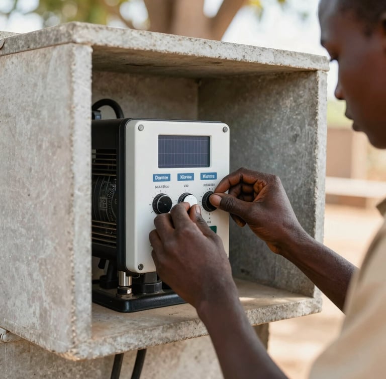 A close-up of a modern solar pump controller inside a clean concrete utility shed, hands of a young Kenyan technician adjusting dials, bright daylight filtering in