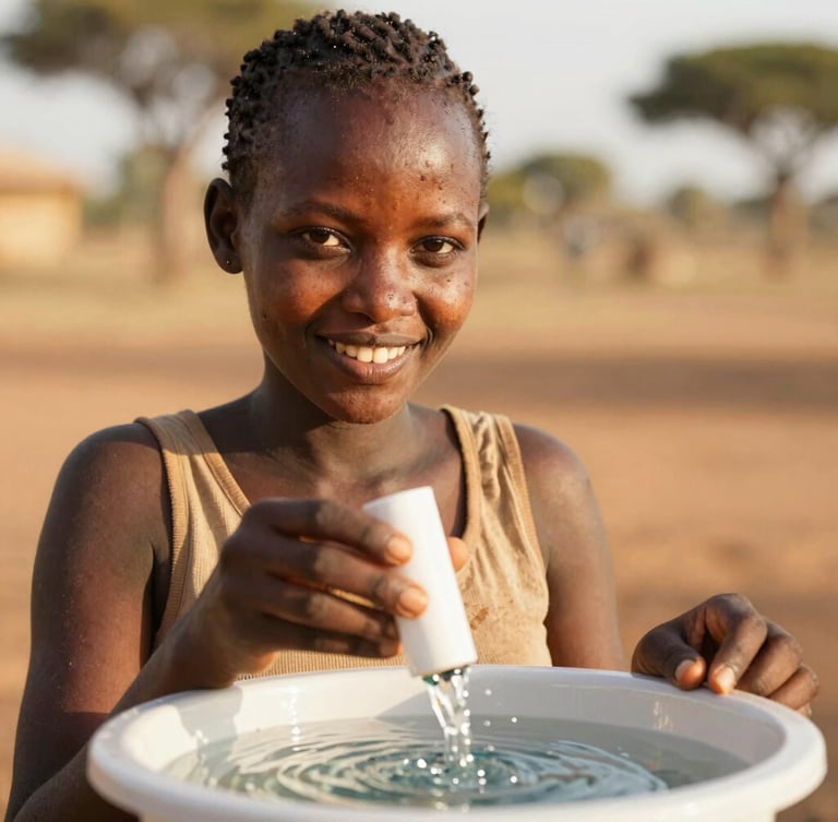 Medium close-up of a young Kenyan woman in warm golden light, smiling confidently while examining a water filtration unit, 35mm lens, rich earth tones.