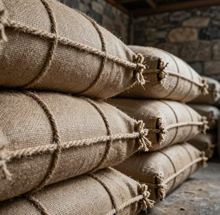 Macro close-up of textured raw jute sacks tied with coarse hemp rope, stacked inside a dimly lit stone warehouse, low-angle side lighting highlighting the fabric weave.