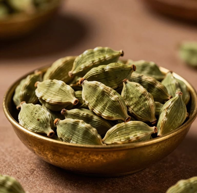 Macro close-up of whole green cardamom pods in a rustic brass bowl, dramatic side-lighting casting deep shadows, warm clay textures in the background, cinematic 21:9 crop.