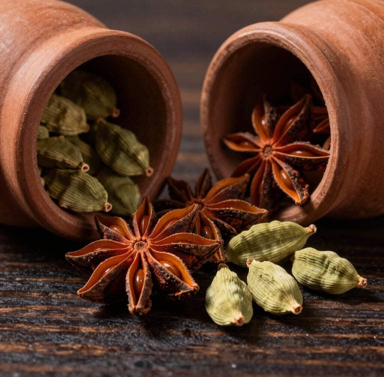 Macro close-up of raw clay spice jars filled with vibrant star anise and green cardamom pods, low-angle dramatic side-lighting casting deep shadows, dark wood background.