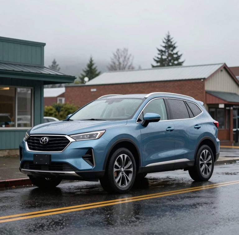 A modern SUV parked along a clean, rain-slicked street in downtown Salem, Oregon, soft overcast Willamette Valley daylight, professional clean editorial photography.