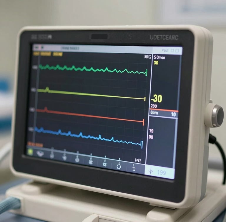 Close-up of a professional clinical monitor displaying vital signs, bright daylight, high-contrast crisp details.