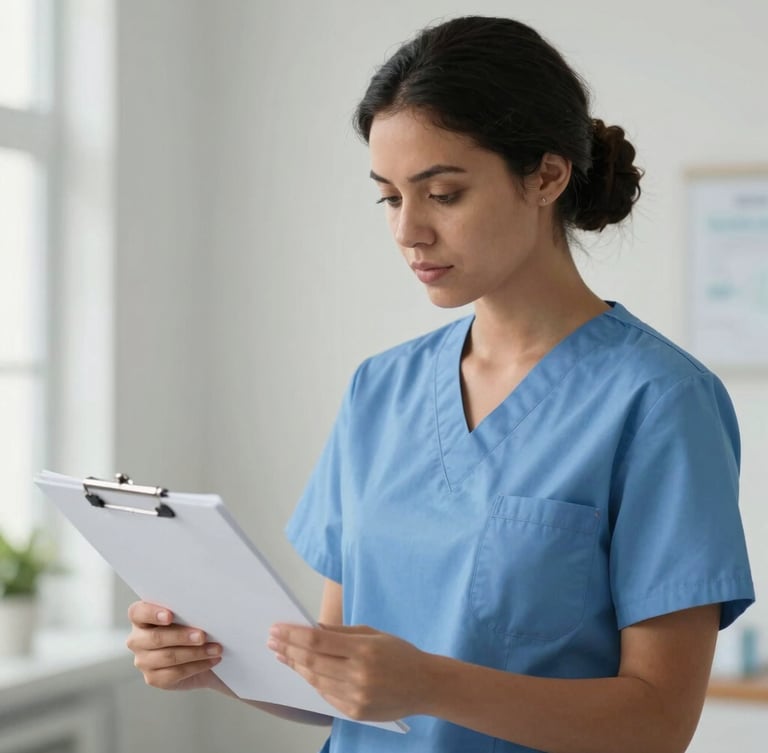 A professional portrait of a diverse nurse in clean blue scrubs reviewing a chart in a bright, neutral clinical daylight environment, medium-close up.