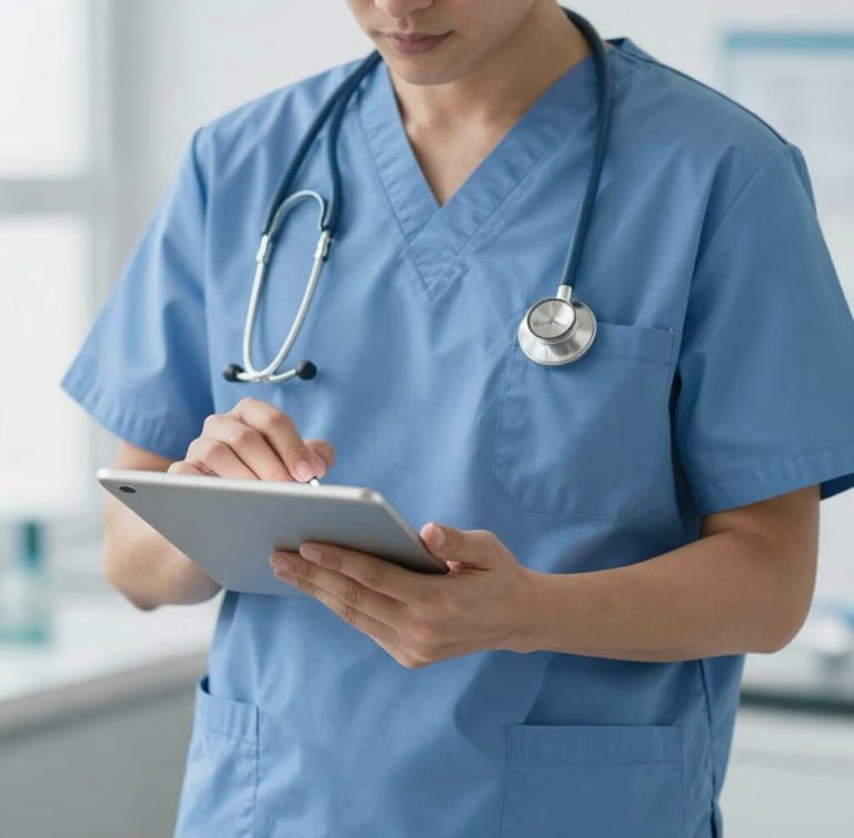 Medium close-up of a professional physician in clean scrubs reviewing medical credentials on a tablet, bright neutral clinical daylight, clean clinical environment, sharp focus